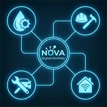 Network of icons representing water damage, construction, and automotive repair sectors.